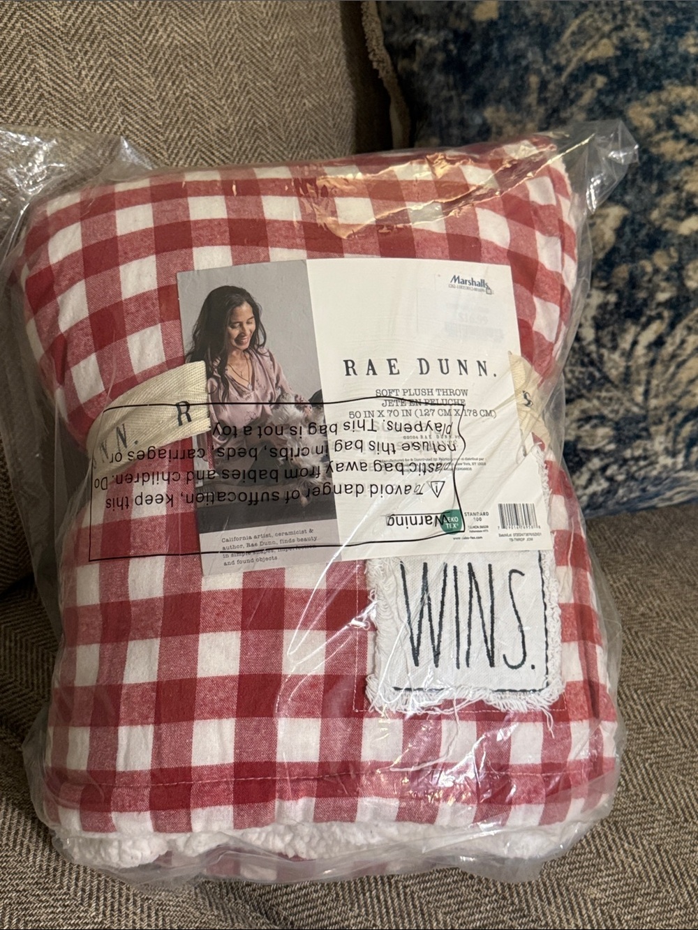 Rae Dunn Red and White Gingham Soft Sherpa Patch Throw Blanket LOVE WINS